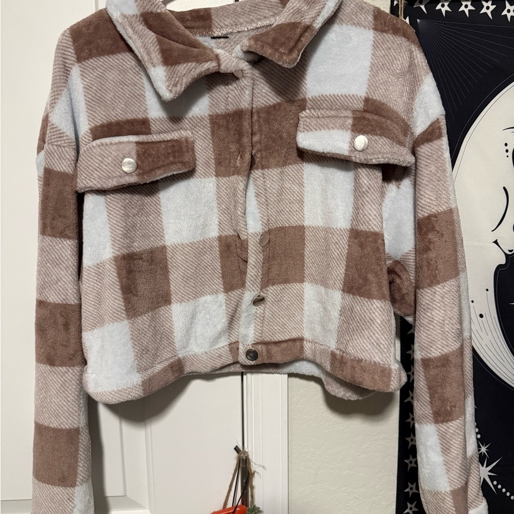 SHEIN Brown and White Plaid Cropped Jacket